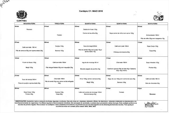 Cardápio Maio 2018