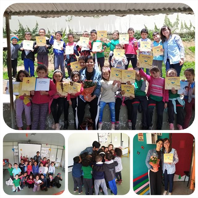 Autora Jaqueline Conte autografa "Passarinho às oito e pouco" na turma do 1º ano B."