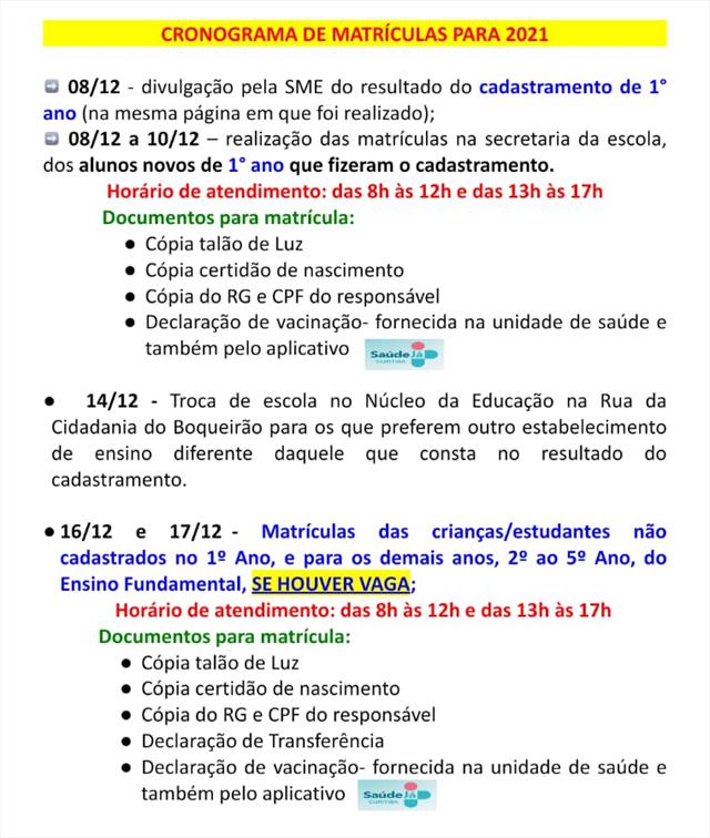 MATRÍCULAS ABERTAS DIA 8 /12/2020